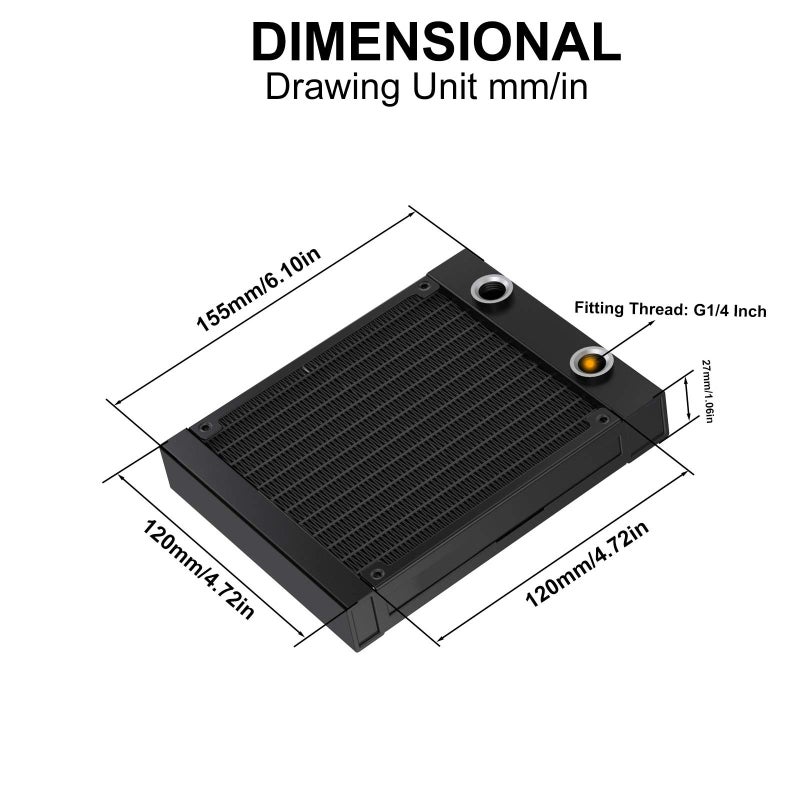 CLYXGS 120mm Black Aluminum Water Cooling Radiator, 12 Pipe G1/4 Thread Heat Exchanger for PC CPU Cooling System - Image 2